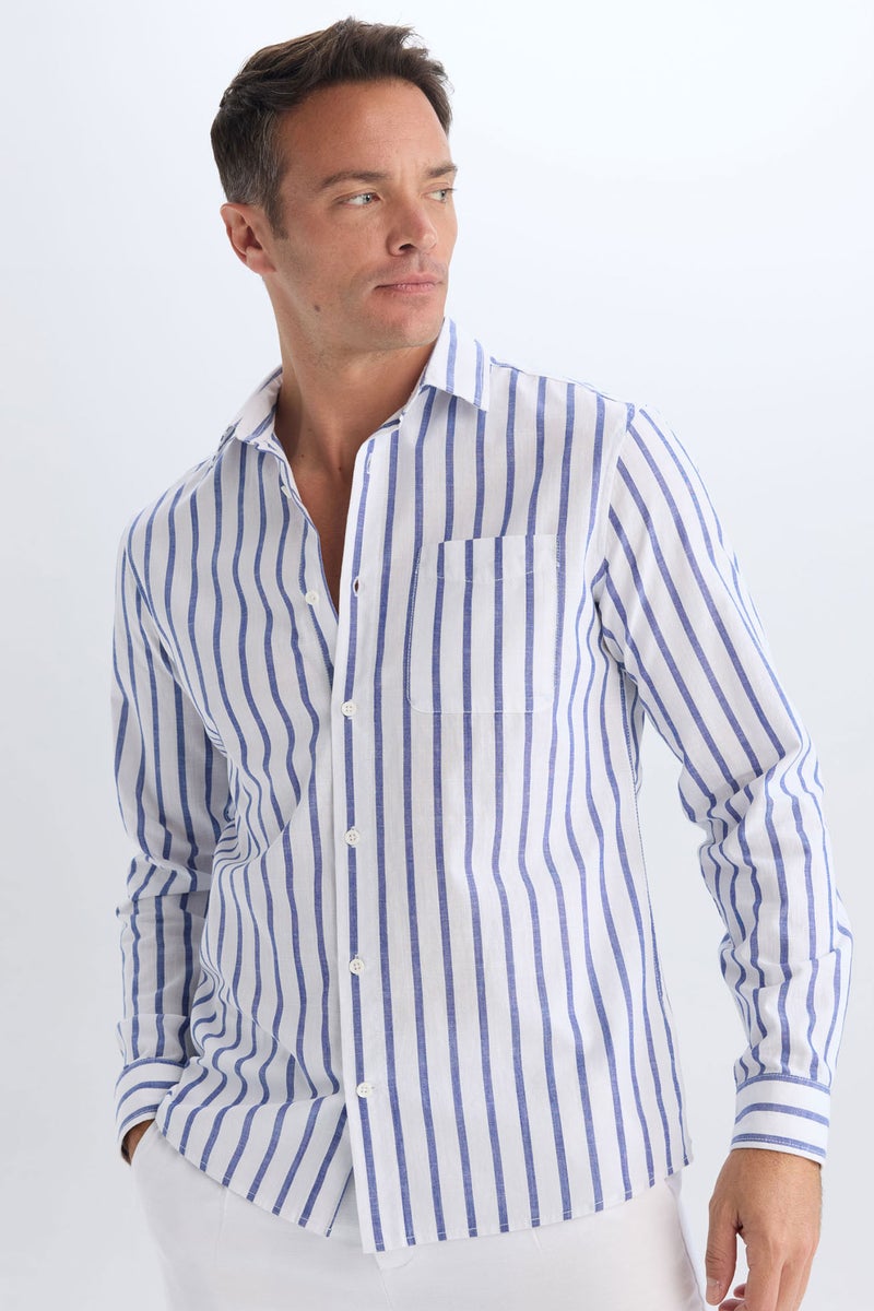 DeFacto Blue Man Modern Fit Polo Collar Striped Striped Long Sleeve Shirt Casual - Image 1