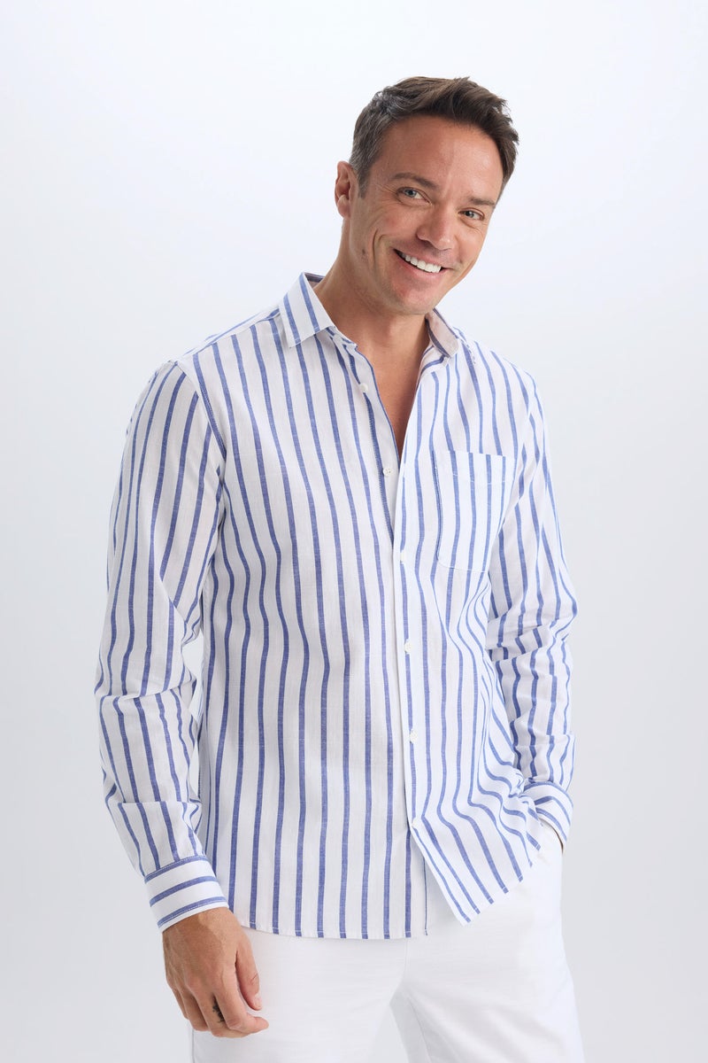 DeFacto Blue Man Modern Fit Polo Collar Striped Striped Long Sleeve Shirt Casual - Image 3