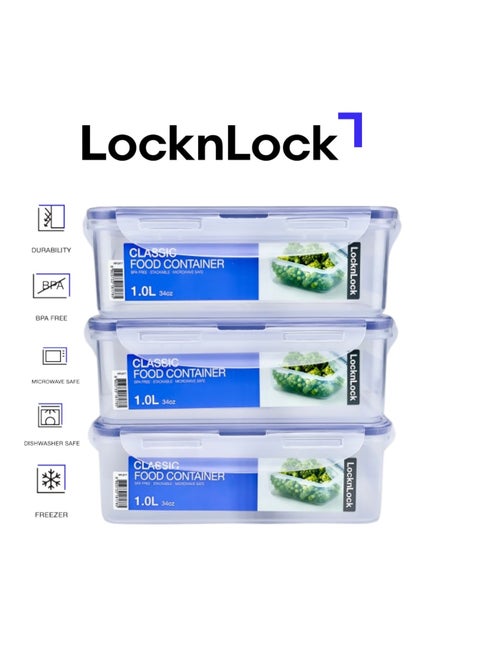 LocknLock 1L Rectangle  Airtight Food Storage PACK OF 3 - BPA-Free, Microwave, Freezer, and Dishwasher Safe