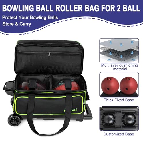 Goloni Double Roller 2 two bowling ball bag with wheels with Separate Shoe Compartment Size 15 and Oversized Accessory Pocket,2/two ball bowling bag,Retractable Handle Extends to 40" - Image 2