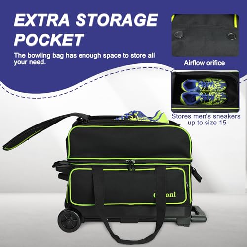 Goloni Double Roller 2 two bowling ball bag with wheels with Separate Shoe Compartment Size 15 and Oversized Accessory Pocket,2/two ball bowling bag,Retractable Handle Extends to 40" - Image 4