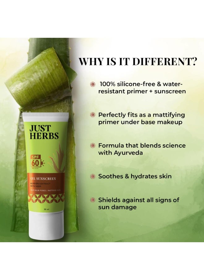 Just Herbs Silicone-free Gel Primer Sunscreen | SPF 60 PA++++ | Broad Spectrum UVA/B & Blue Light Protection | No white cast | For Makeup Lovers | Blurs Pores & Mattifies Skin | Aloe Vera Extract & Neem | Ceramide & Peptide | In-Vitro Tested | Matte Finish  - Image 3