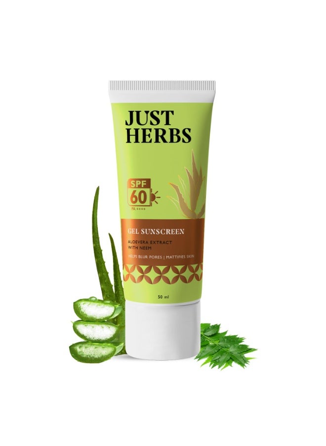 Just Herbs Silicone-free Gel Primer Sunscreen | SPF 60 PA++++ | Broad Spectrum UVA/B & Blue Light Protection | No white cast | For Makeup Lovers | Blurs Pores & Mattifies Skin | Aloe Vera Extract & Neem | Ceramide & Peptide | In-Vitro Tested | Matte Finish  - Image 1
