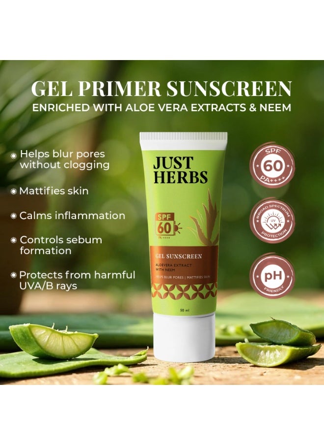 Just Herbs Silicone-free Gel Primer Sunscreen | SPF 60 PA++++ | Broad Spectrum UVA/B & Blue Light Protection | No white cast | For Makeup Lovers | Blurs Pores & Mattifies Skin | Aloe Vera Extract & Neem | Ceramide & Peptide | In-Vitro Tested | Matte Finish  - Image 4