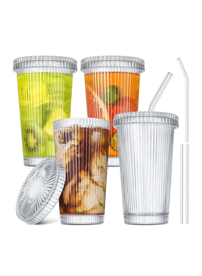 SYOSI - Iced Coffee Cups , Ribbed Glassware with Lids and Straws, Drinking Glasses Set of 4, Vintage Glassware Glasses 14oz for Iced Coffee - Image 1