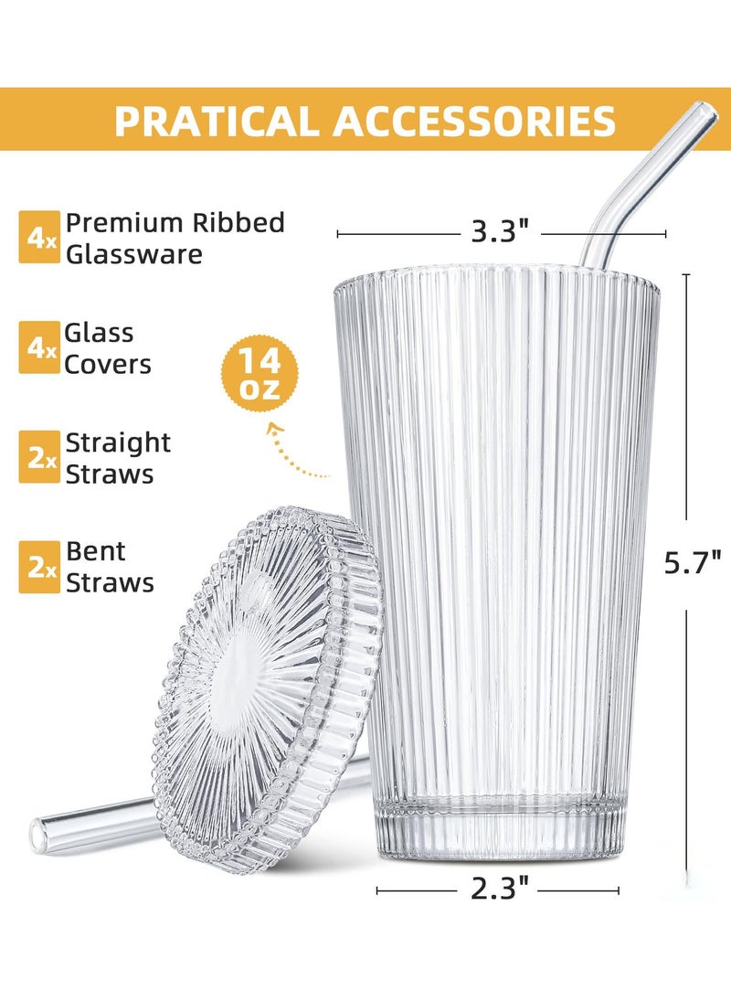 SYOSI - Iced Coffee Cups , Ribbed Glassware with Lids and Straws, Drinking Glasses Set of 4, Vintage Glassware Glasses 14oz for Iced Coffee - Image 1