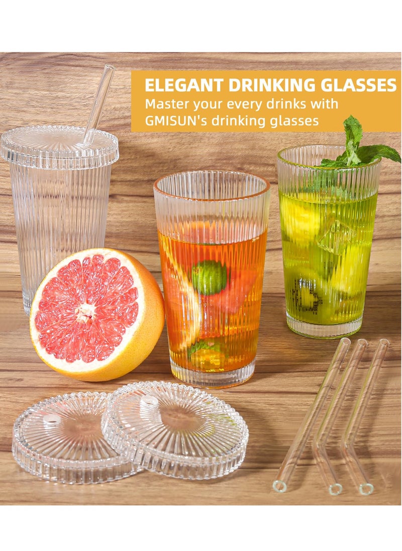 SYOSI - Iced Coffee Cups , Ribbed Glassware with Lids and Straws, Drinking Glasses Set of 4, Vintage Glassware Glasses 14oz for Iced Coffee - Image 1