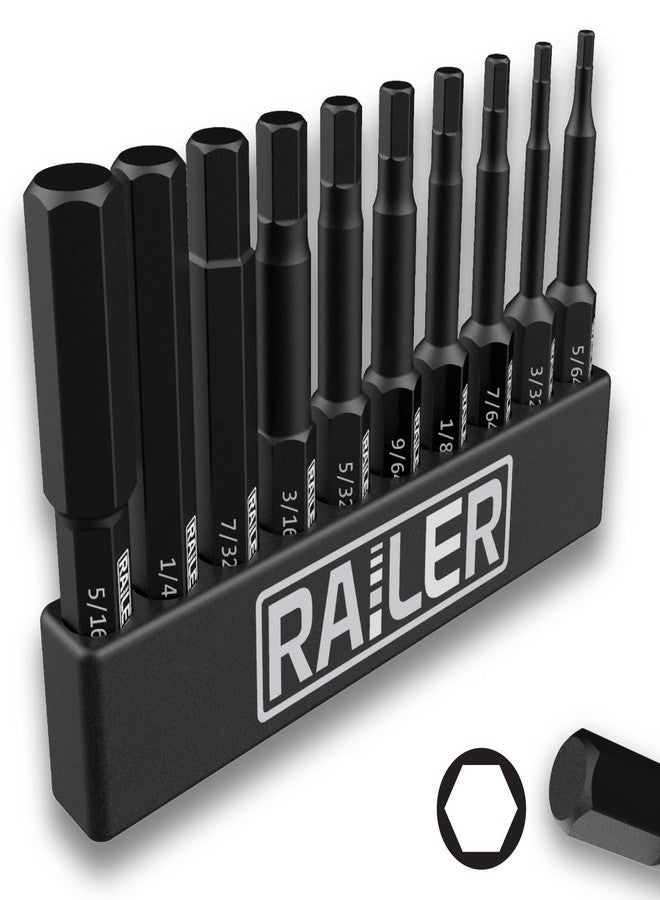 Railer 10 Pack SAE Hex Head Allen Wrench Drill Bit Set. Premium S2 Steel 2 Inch SAE Hex Bit Set With Quick Release Shank and a Storage Bitrail - Great for Ikea Type Furniture - Image 1