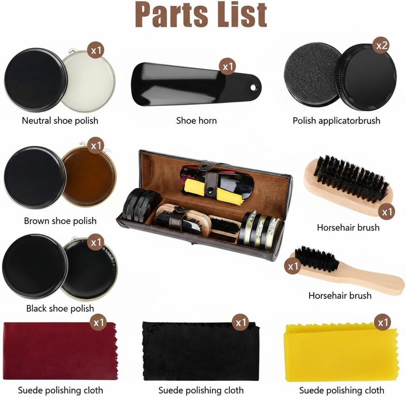 KASTWAVE Shoe Polish Kit, 12PCS Premium Cleaning & Shine Care Set for Brown & Black Leather, Includes Soft Horsehair Brush, Wooden Applicator, Dauber, Shoehorn, Cloth & Travel Case (Brown) - Image 4