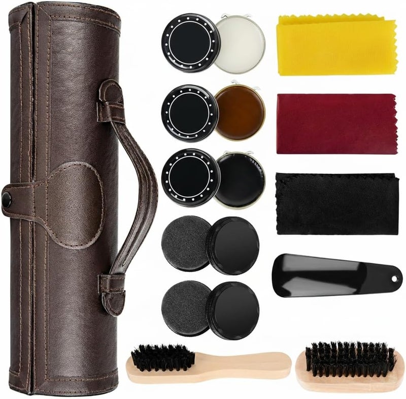 KASTWAVE Shoe Polish Kit, 12PCS Premium Cleaning & Shine Care Set for Brown & Black Leather, Includes Soft Horsehair Brush, Wooden Applicator, Dauber, Shoehorn, Cloth & Travel Case (Brown) - Image 1