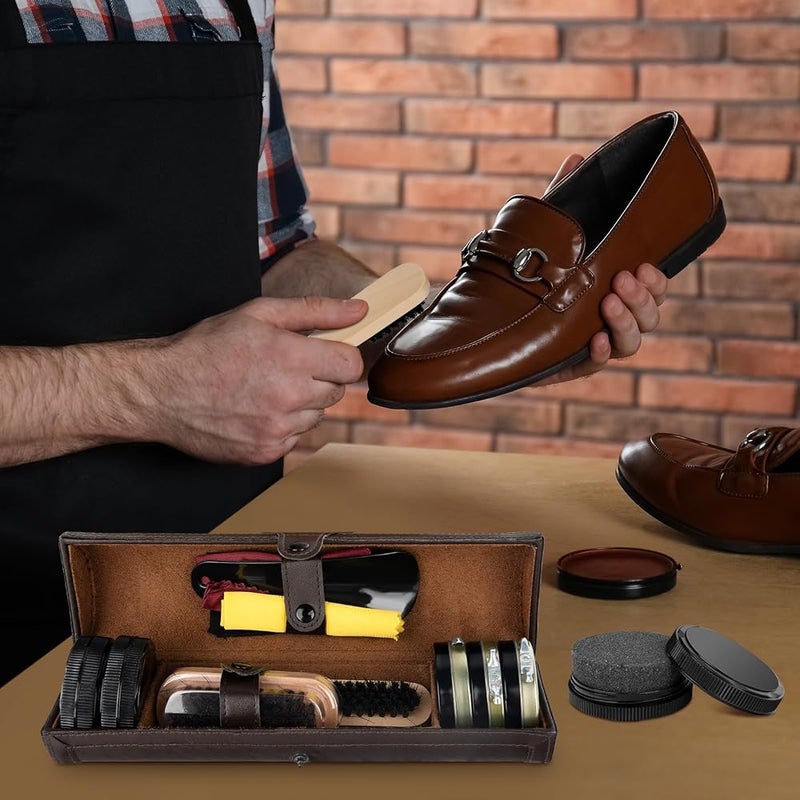 KASTWAVE Shoe Polish Kit, 12PCS Premium Cleaning & Shine Care Set for Brown & Black Leather, Includes Soft Horsehair Brush, Wooden Applicator, Dauber, Shoehorn, Cloth & Travel Case (Brown) - Image 2