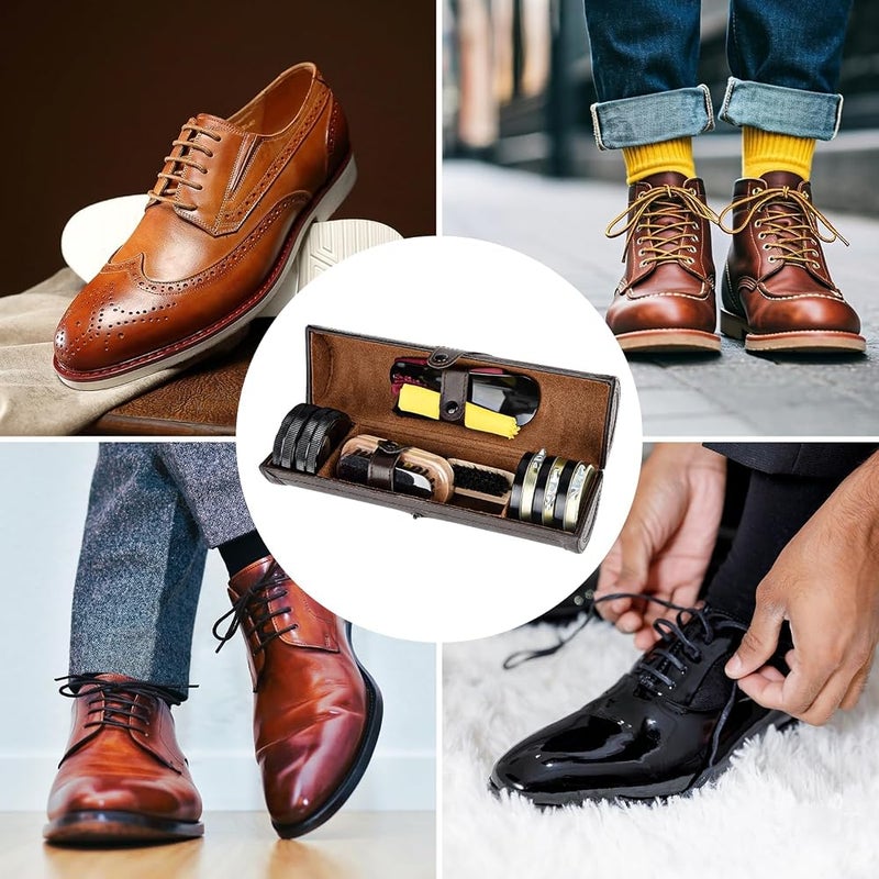 KASTWAVE Shoe Polish Kit, 12PCS Premium Cleaning & Shine Care Set for Brown & Black Leather, Includes Soft Horsehair Brush, Wooden Applicator, Dauber, Shoehorn, Cloth & Travel Case (Brown) - Image 3
