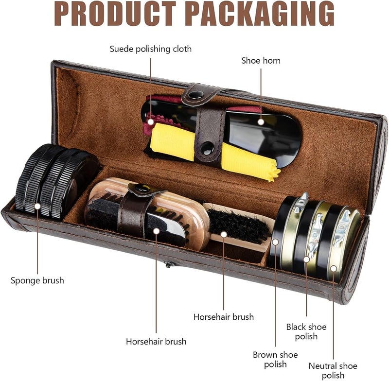 KASTWAVE Shoe Polish Kit, 12PCS Premium Cleaning & Shine Care Set for Brown & Black Leather, Includes Soft Horsehair Brush, Wooden Applicator, Dauber, Shoehorn, Cloth & Travel Case (Brown) - Image 5