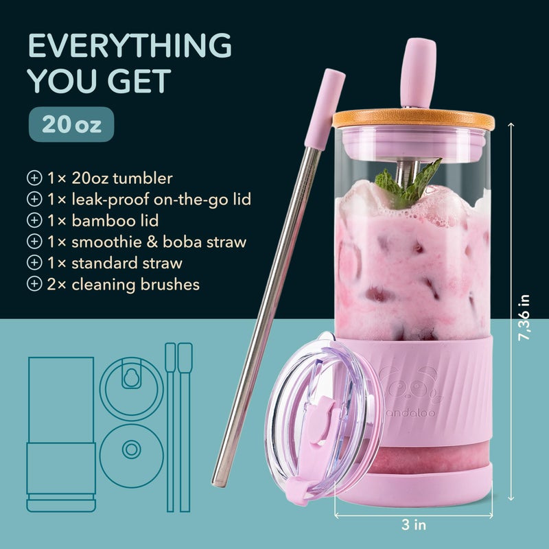 PandalooÂ® Glass Cups With Lids and Straws -20 Fl Oz- Perfect Size Iced Coffee Cup - Smoothie Cup With Bamboo Lid and On the go Lid - Glass Tumbler With Straw (1 Count (Pack of 1), Lilac Rhapsody) - Image 2