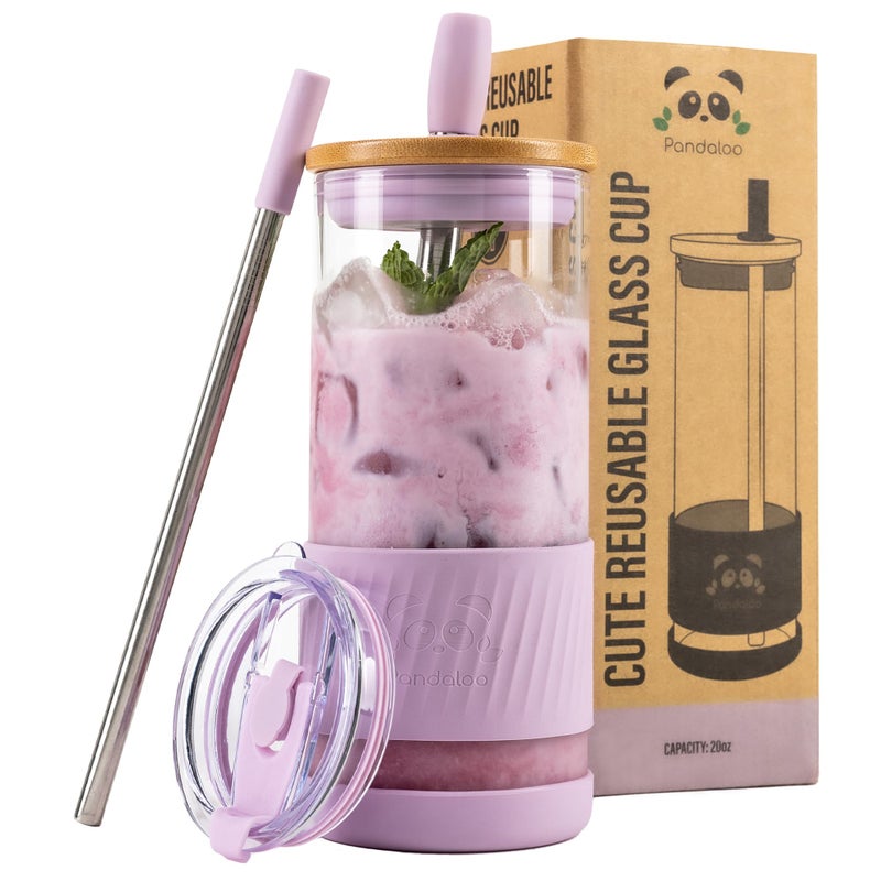 PandalooÂ® Glass Cups With Lids and Straws -20 Fl Oz- Perfect Size Iced Coffee Cup - Smoothie Cup With Bamboo Lid and On the go Lid - Glass Tumbler With Straw (1 Count (Pack of 1), Lilac Rhapsody) - Image 1