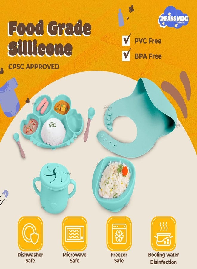 Infans Mini طقم تغذية الأطفال من السيليكون من إنفانز، 7 قطع، خالٍ من مادة BPA، آمن للاستخدام في الميكروويف، طقم أدوات مائدة للأطفال الرضع والصغار، مريلة سيليكون، أدوات مائدة للأطفال (أخضر) - Image 3