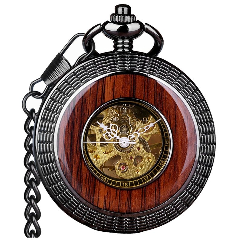 VIGOROSO Mens HandWind Mechanical Pocket Watch Vintage Steampunk Wood Grain Hollow Design with Chain and Box - Image 2