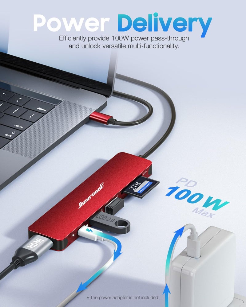 Hiearcool USB C Hub, USB-C to HDMI Multi-Port Adapter for MacBook Pro/Air, 7-in-1 USBC Dongle with 4K HDMI 100W Power Delivery SD/TF Card Reader Type-C Dock for Dell HP Lenovo Laptops-Dark Red - Image 3
