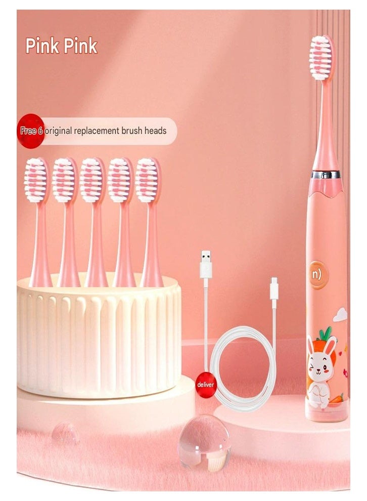 keke Children's Cartoon Electric Toothbrush Ultrasonic Soft Bristle Rechargeable Toothbrush 163 Pink 6 Brush Heads (Type-C Rechargeable) - Image 1