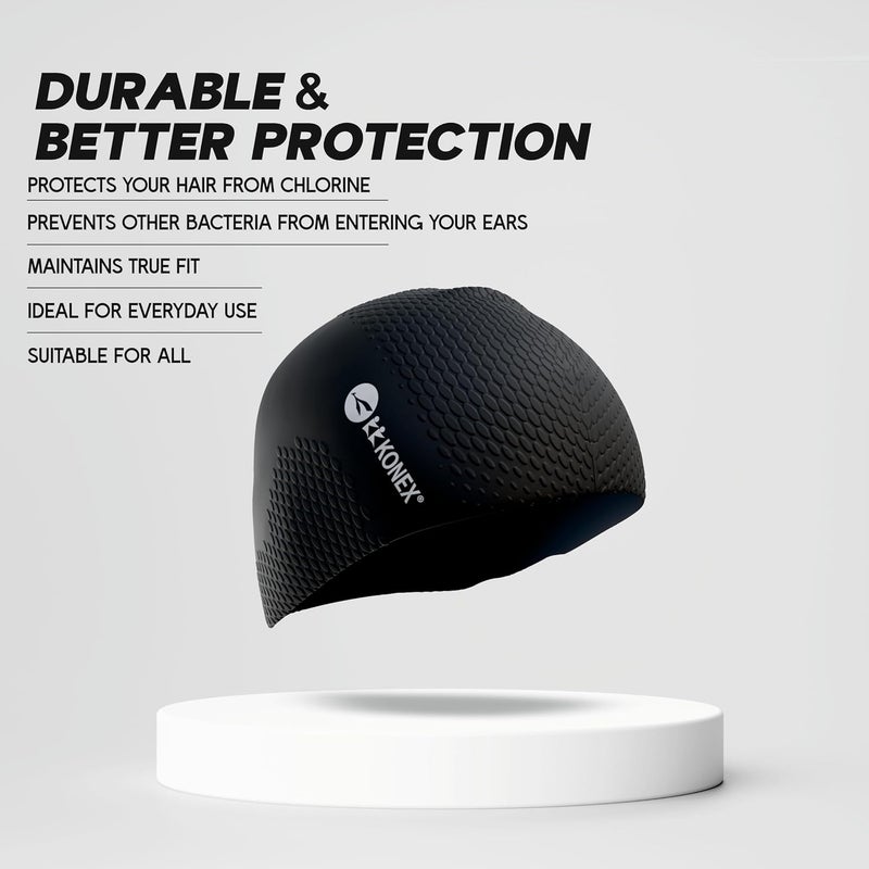 KONEX Bubble Designed Waterproof Silicone Premium Swimming Cap for Men & Women | Stretchable & Quick-Dry | Prevents Hair Pull & Chemical Damage | Ideal for Children & Adults (Black) - Image 3