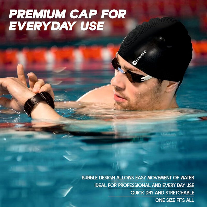 KONEX Bubble Designed Waterproof Silicone Premium Swimming Cap for Men & Women | Stretchable & Quick-Dry | Prevents Hair Pull & Chemical Damage | Ideal for Children & Adults (Black) - Image 4