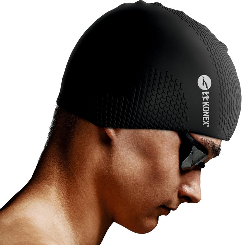KONEX Bubble Designed Waterproof Silicone Premium Swimming Cap for Men & Women | Stretchable & Quick-Dry | Prevents Hair Pull & Chemical Damage | Ideal for Children & Adults (Black) - Image 1