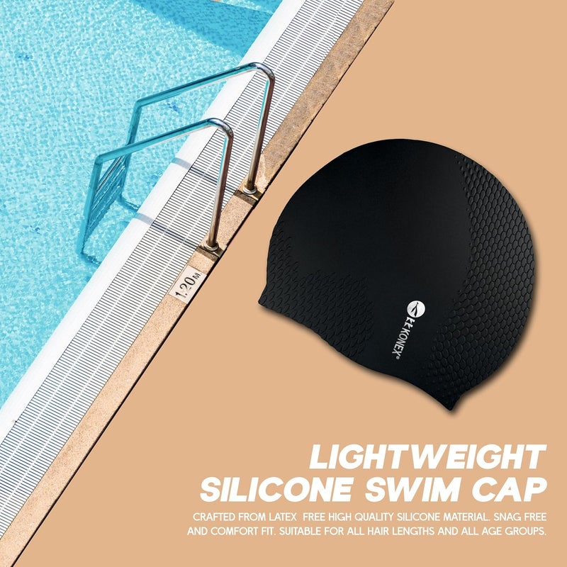 KONEX Bubble Designed Waterproof Silicone Premium Swimming Cap for Men & Women | Stretchable & Quick-Dry | Prevents Hair Pull & Chemical Damage | Ideal for Children & Adults (Black) - Image 2