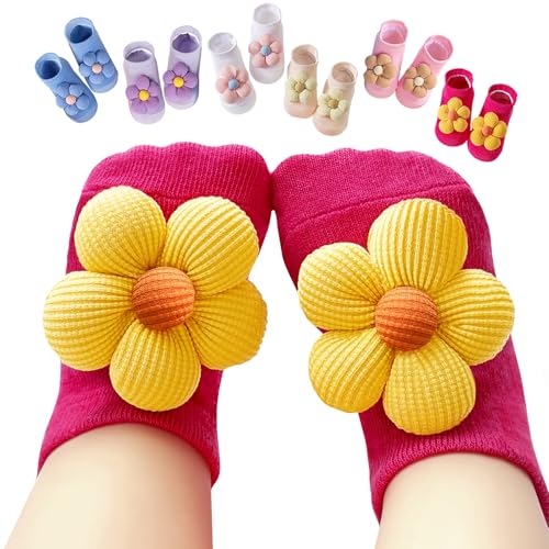 Aroveea Baby Toddler Girl Socks 6 Pairs Non Slip,Newborn Grip Flower Cotton Ankle Cute Socks for Babies Girl 6-12 Months - Image 1