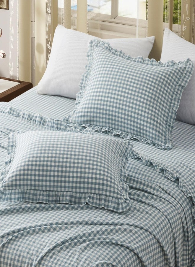 KKJIAF 2 Pcs Plaid Ruffle Pillow Case King Size, Cotton Gingham Ruffled Euro Sham Pillow Covers 20x36 Inch, Linen Feel Plaid Bed Pillow Shams with Envelope Closure for Sofa Bed (Dusty Blue Plaid) - Image 4