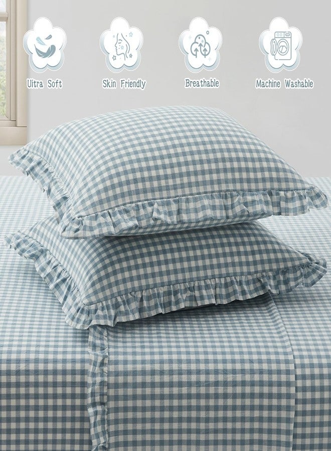KKJIAF 2 Pcs Plaid Ruffle Pillow Case King Size, Cotton Gingham Ruffled Euro Sham Pillow Covers 20x36 Inch, Linen Feel Plaid Bed Pillow Shams with Envelope Closure for Sofa Bed (Dusty Blue Plaid) - Image 5