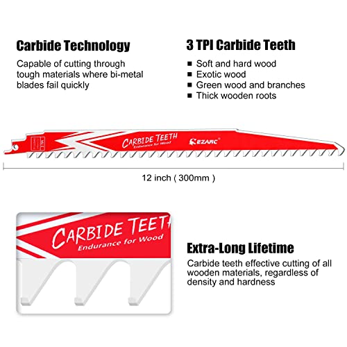 EZARC Carbide Reciprocating Saw Blade R1243HM Endurance for Hard Wood 12-Inch 3TPI, 3-Pack - Image 2