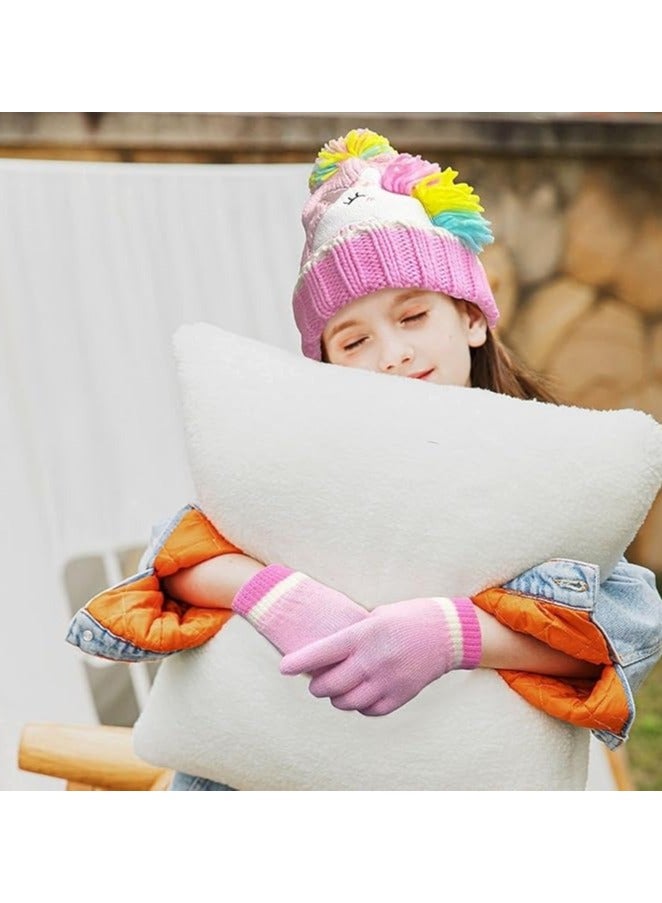 Cute pom pom knit hat and gloves for toddlers, warm Winter Unicorn glove set, warm wool knit hat and thick glove ski hat for babies and children, suitable for boys and girls