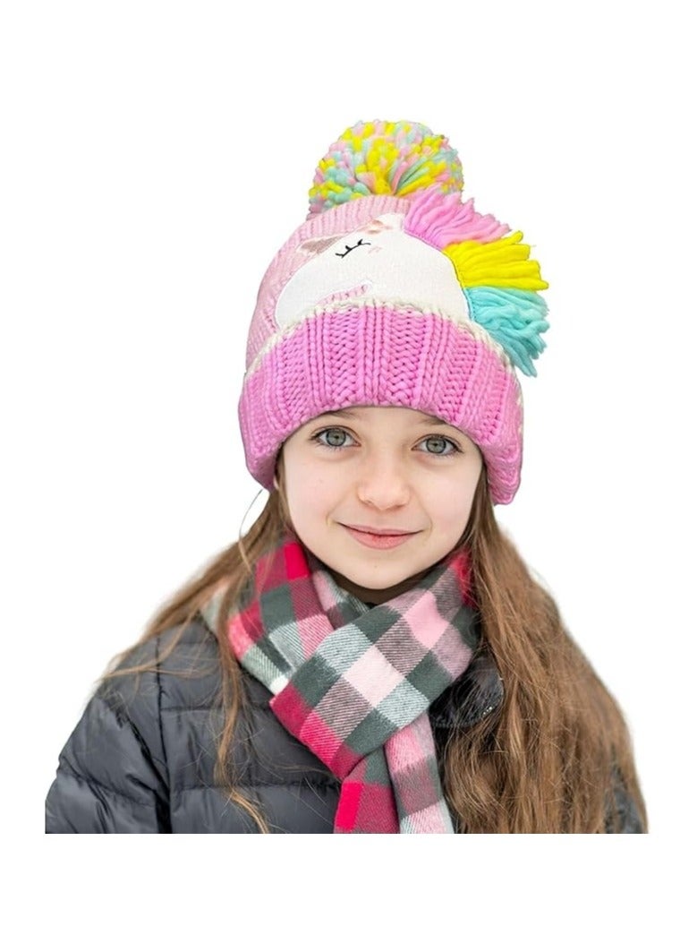 Cute pom pom knit hat and gloves for toddlers, warm Winter Unicorn glove set, warm wool knit hat and thick glove ski hat for babies and children, suitable for boys and girls