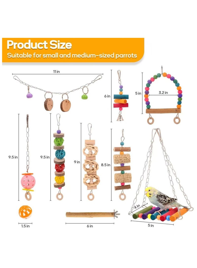 عام طقم ألعاب تعليمية للببغاء مكون من 15 قطعة، يشمل أرجوحة، سلّم للتسلق، جرس، كرات من الخيزران الطبيعي للمضغ، ومصنوع من الخشب الطبيعي. - Image 3