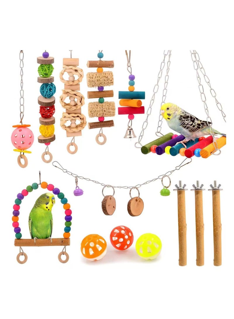 عام طقم ألعاب تعليمية للببغاء مكون من 15 قطعة، يشمل أرجوحة، سلّم للتسلق، جرس، كرات من الخيزران الطبيعي للمضغ، ومصنوع من الخشب الطبيعي. - Image 1