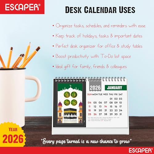 ESCAPER Islamic Desk Calendar 2026 (A5 Size), Muslim Table Calendar 2026, Allah Calendar 2026, Ramadan Calendar, Islamic Decorative Item & Muslim Gift - Image 5