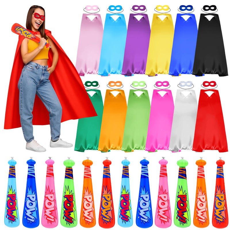 Lunmon 24 Pack Hero Capes with Masks and 17 Inch Pow Inflatable Baseball Bats for Halloween Hero Theme Birthday Party Favors Carnival Prizes Supplies Goodie Stuffers 12color Set - Image 3