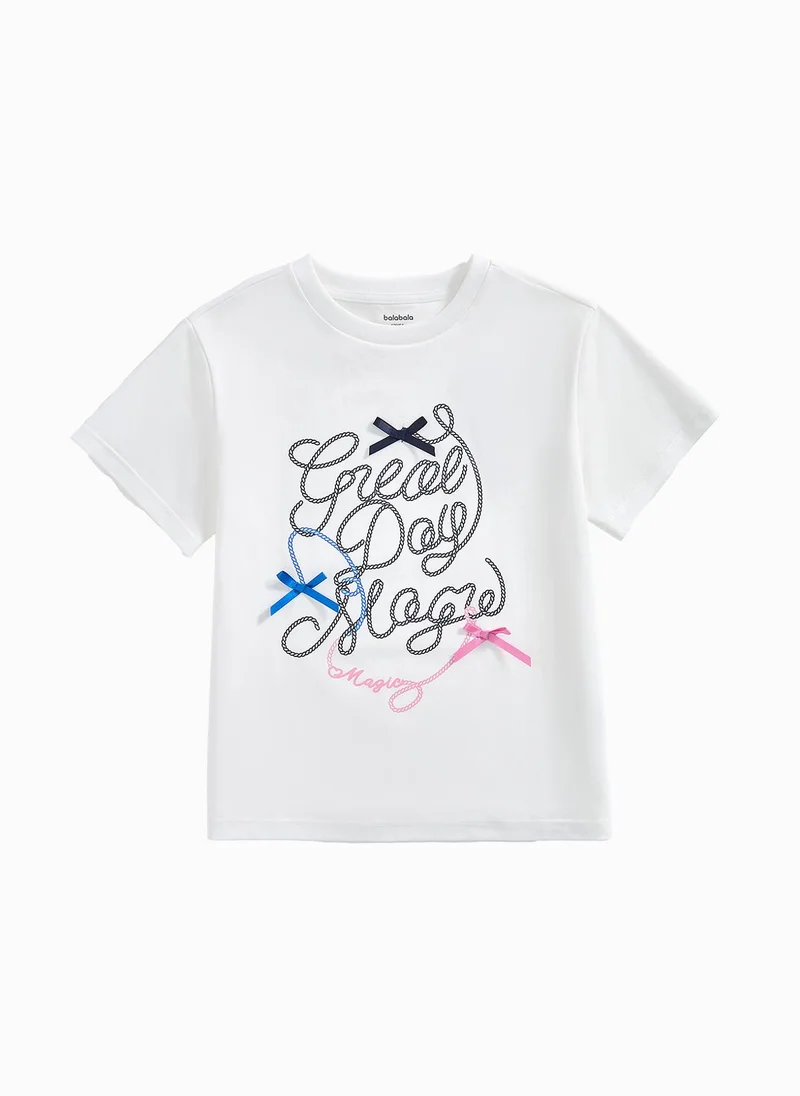 بالابالا Kids Girl Round V-Neck Short-Sleeved T-Shirt