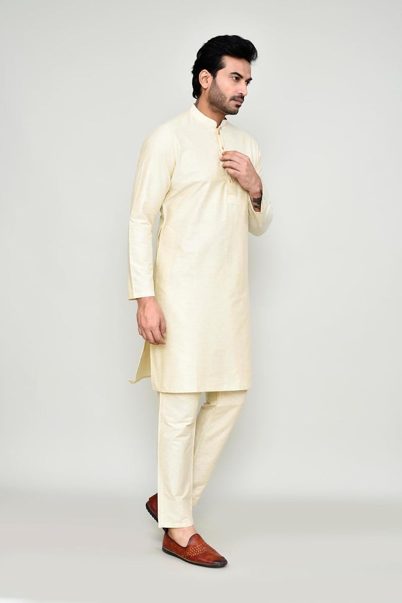 Polyfab Hathkargha Men's Khadi Regular Fit Kurta - Solid Pattern Ethnic Wear with Mandarin Collar & Full Sleeves - Image 3