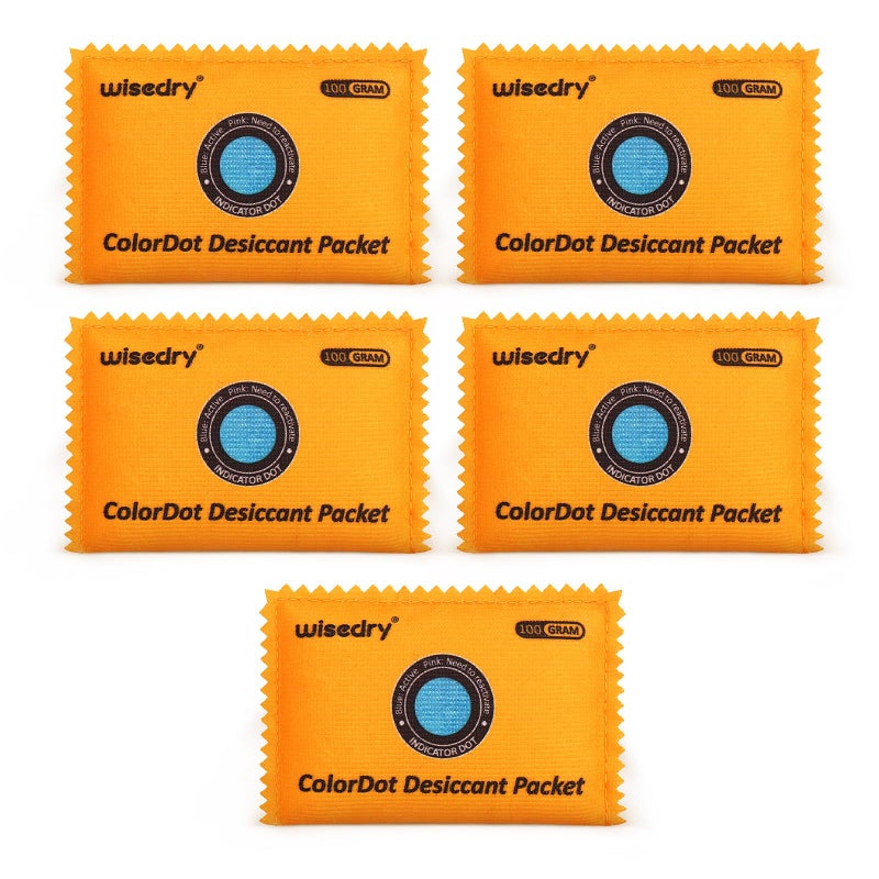 wisedry 100g [5 Packs] Reusable Desiccant Packs for Storage, Rechargeable Color Indicating Silica Gel Desiccant Packets, Moisture Absorbers for Storage Bins, Suitcase, Safe, 3D Filaments, Electronics - Image 1
