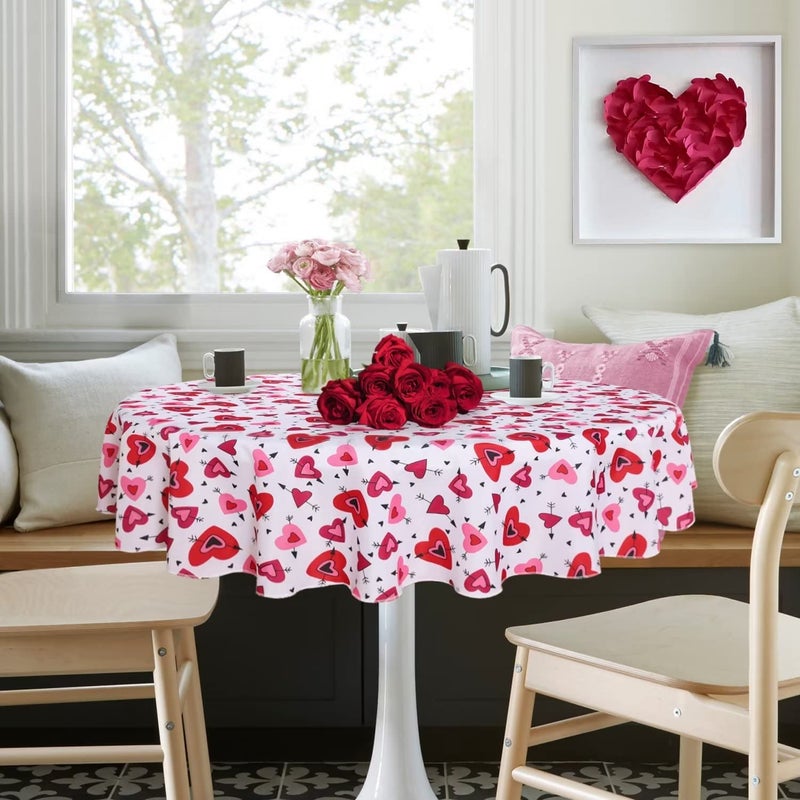 SARAFLORA V-Day Table Cloth Hearts and Arrows Pattern- Round Tablecloth 60 Inch- Stain and Water Resistant Table Cover for Anniversary/Valentine/Party/Wedding Decoration Use, Red & White - Image 2