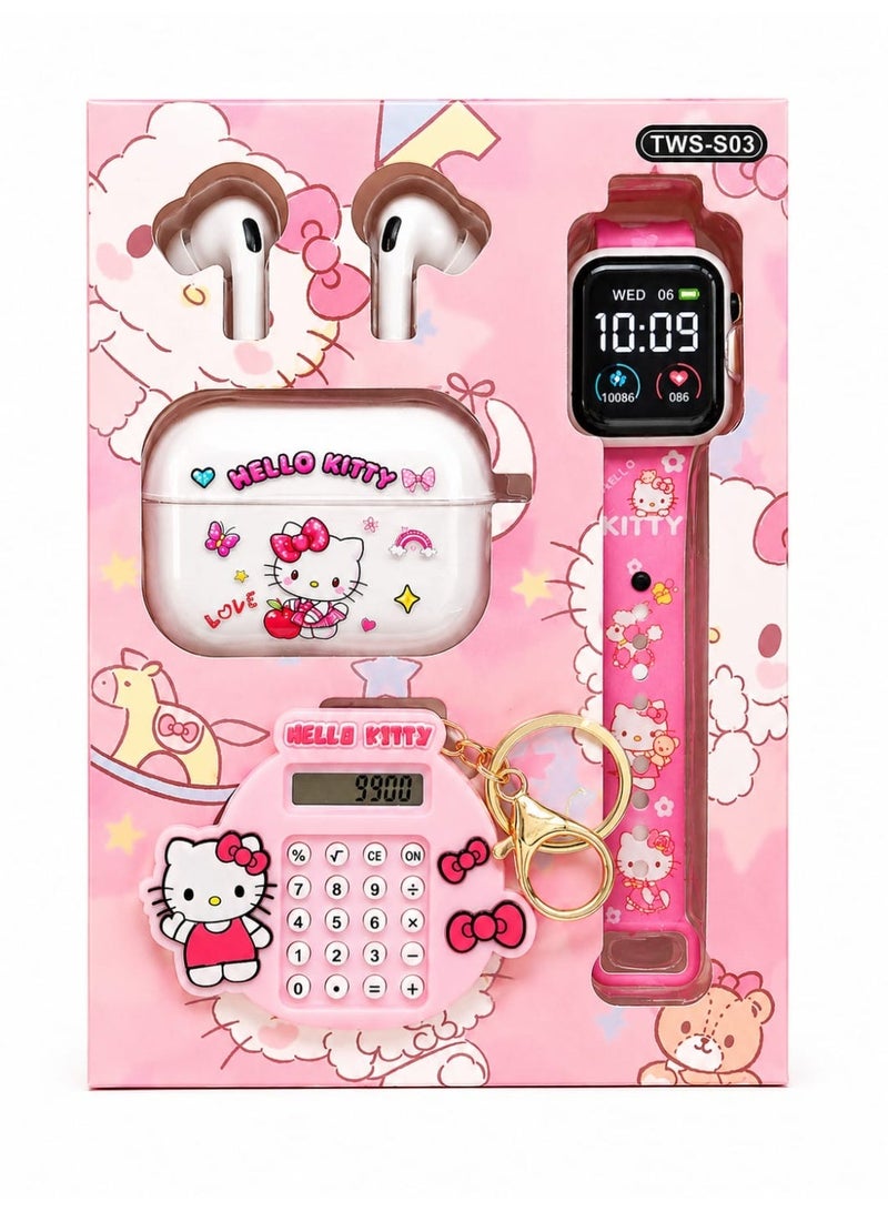 Hello Kitty Complete Set: TWS-S03 Wireless Earbuds, Smartwatch, and Calculator Keychain - Image 1