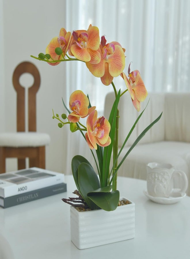 FuleHouzz Artificial Real Touch Orchid Flowers in Pot Fake Phalaenopsis Flower with White Ceramic Vase Faux Orchids Arrangement for Home Table Office Wedding Party Decoration (Orange) - Image 5
