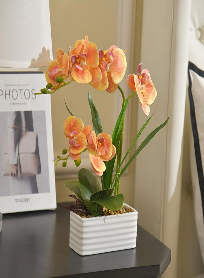 FuleHouzz Artificial Real Touch Orchid Flowers in Pot Fake Phalaenopsis Flower with White Ceramic Vase Faux Orchids Arrangement for Home Table Office Wedding Party Decoration (Orange) - Image 3