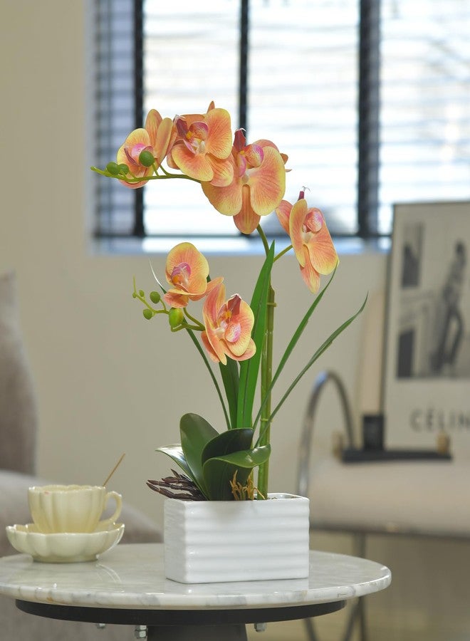 FuleHouzz Artificial Real Touch Orchid Flowers in Pot Fake Phalaenopsis Flower with White Ceramic Vase Faux Orchids Arrangement for Home Table Office Wedding Party Decoration (Orange) - Image 4