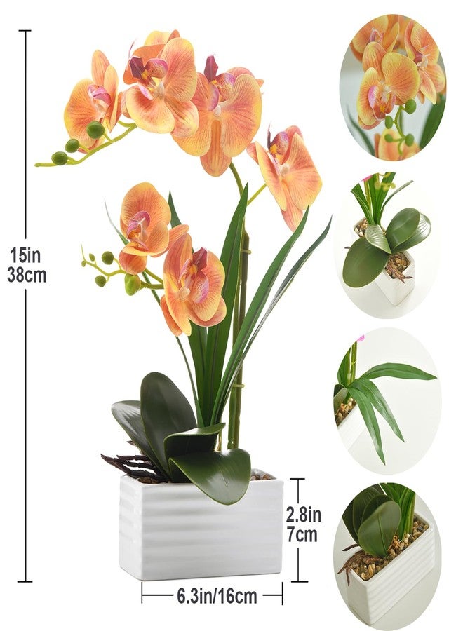 FuleHouzz Artificial Real Touch Orchid Flowers in Pot Fake Phalaenopsis Flower with White Ceramic Vase Faux Orchids Arrangement for Home Table Office Wedding Party Decoration (Orange) - Image 2