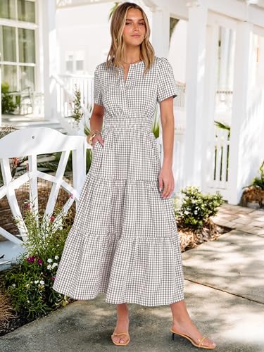 Caracilia Women's Summer Short Sleeve V-Neck Maxi Dress, Gingham & Striped Fabric, Casual A-Line Dress for Beach & Vacation Gray Brown Gingham Large - Image 3