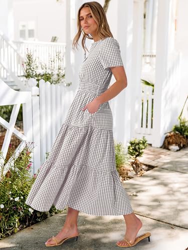 Caracilia Women's Summer Short Sleeve V-Neck Maxi Dress, Gingham & Striped Fabric, Casual A-Line Dress for Beach & Vacation Gray Brown Gingham Large - Image 4
