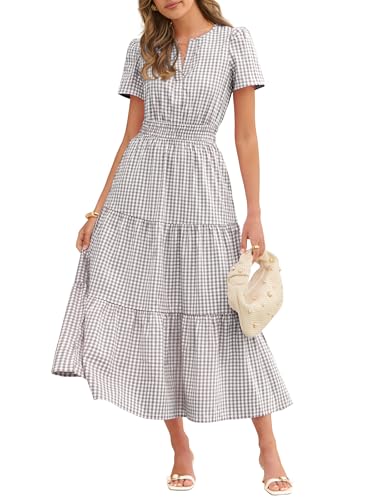 Caracilia Women's Summer Short Sleeve V-Neck Maxi Dress, Gingham & Striped Fabric, Casual A-Line Dress for Beach & Vacation Gray Brown Gingham Large - Image 1
