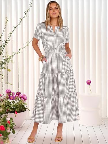 Caracilia Women's Summer Short Sleeve V-Neck Maxi Dress, Gingham & Striped Fabric, Casual A-Line Dress for Beach & Vacation Gray Brown Gingham Large - Image 2